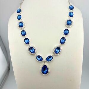 Beautiful Blue Rhinestone Monet Statement Necklace Silver Toned